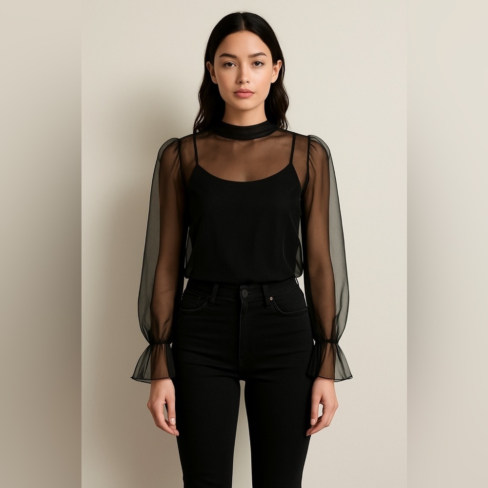 Hers & Mine Black Sheer Puffy Belle Sleeve Top - S